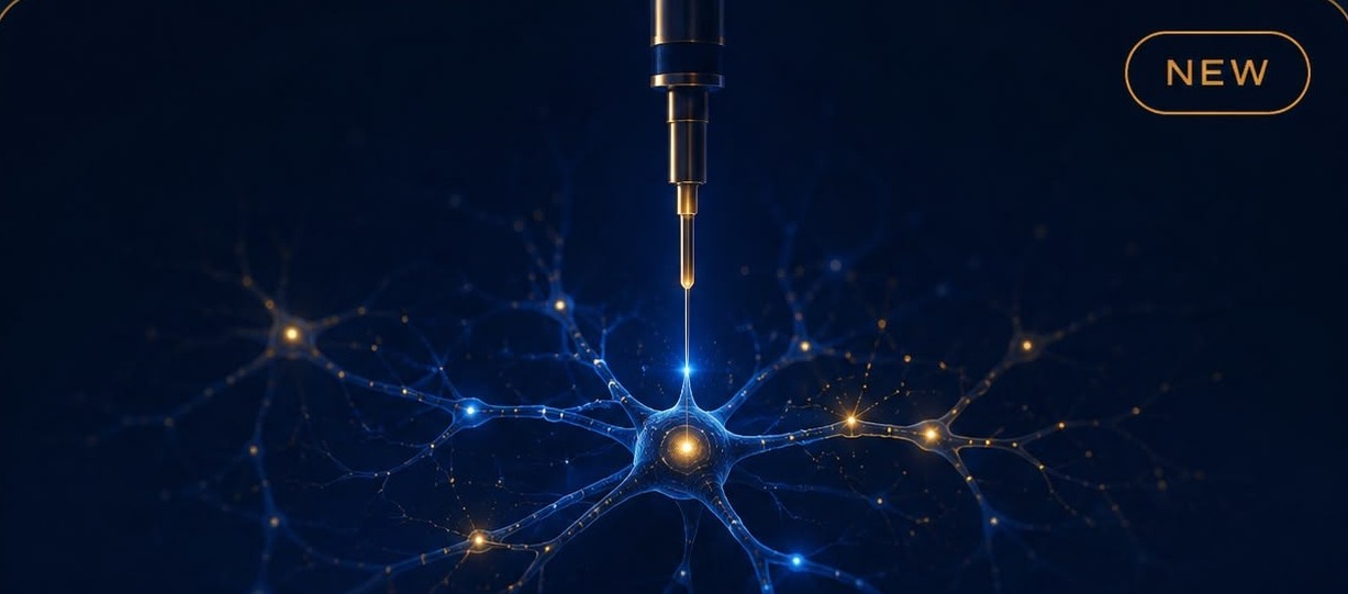 Fine injection needle above a glowing blue and gold neuron