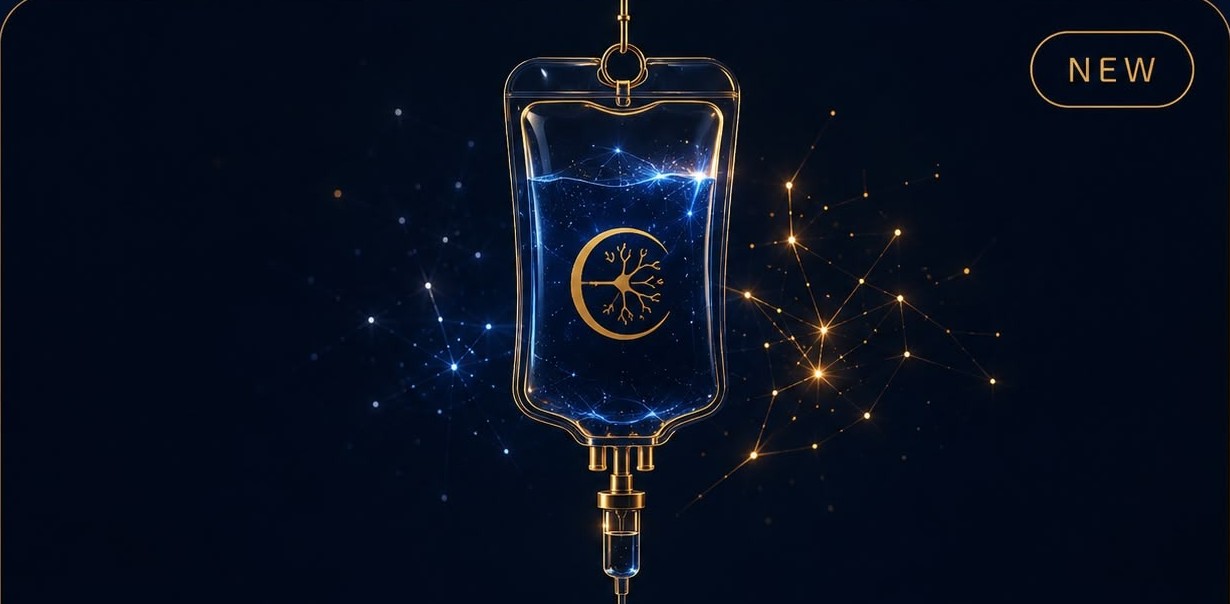 Infusion bag marked with the CORE crescent neuron emblem