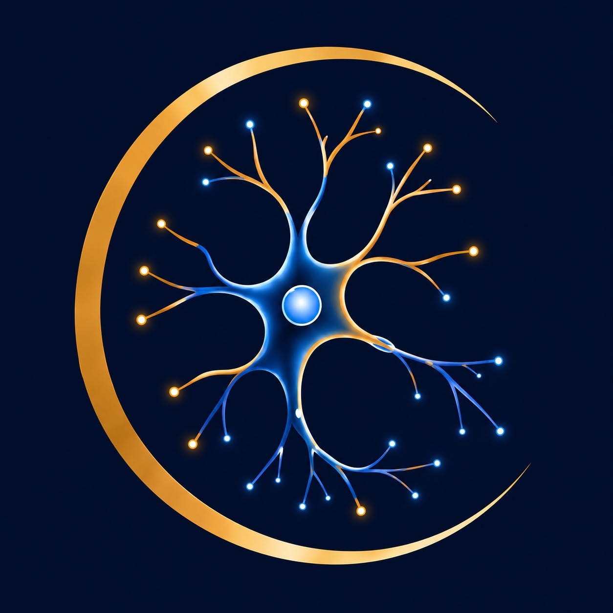 CORE Neurology emblem — a gold crescent enclosing a glowing blue and gold neuron