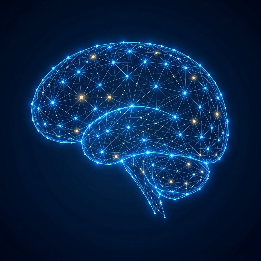 Glowing connectome brain — a human brain formed of connected points of light